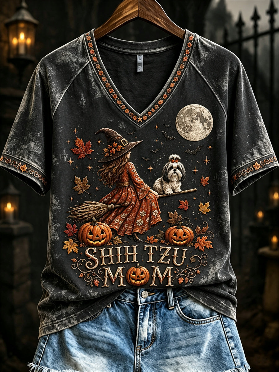 Women's Halloween Fall Shih Tzu Mom Witch & Dog Print short-sleeved T-shirt