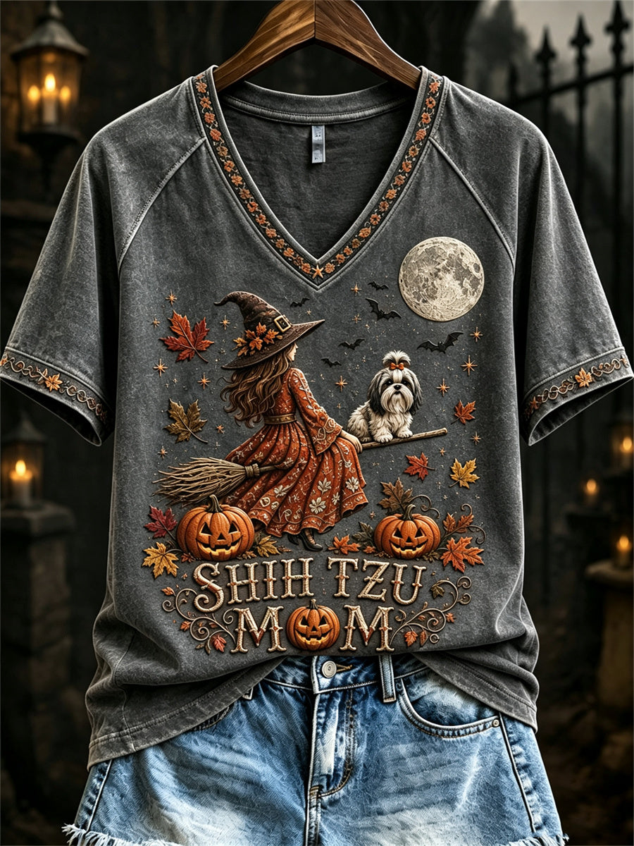 Women's Halloween Fall Shih Tzu Mom Witch & Dog Print short-sleeved T-shirt