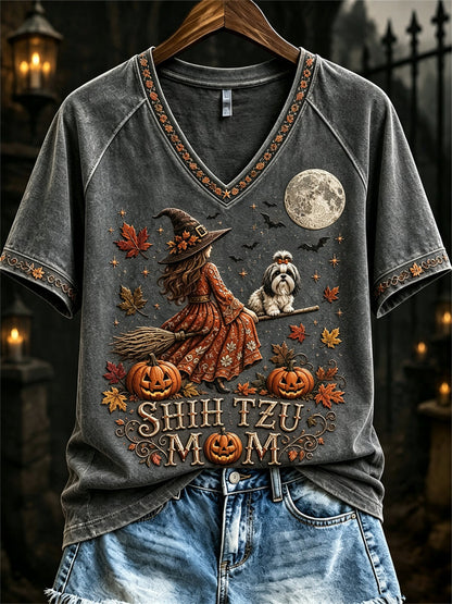 Women's Halloween Fall Shih Tzu Mom Witch & Dog Print short-sleeved T-shirt