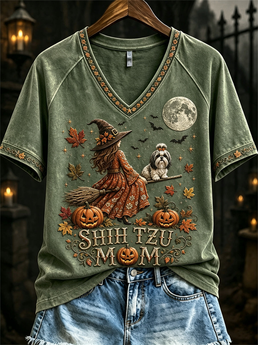 Women's Halloween Fall Shih Tzu Mom Witch & Dog Print short-sleeved T-shirt