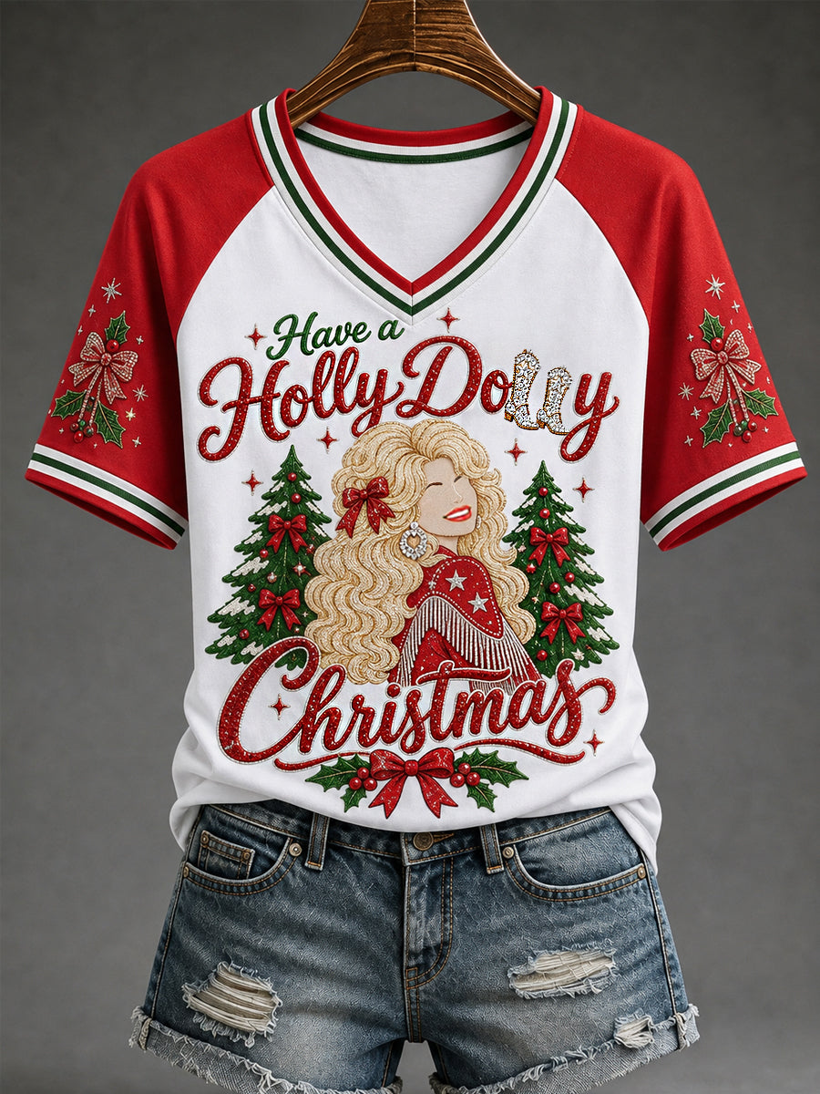 Women's Have A Holly Dolly Christmas We Will Always Love You Country Music Legend Tribute V-Neck Tee