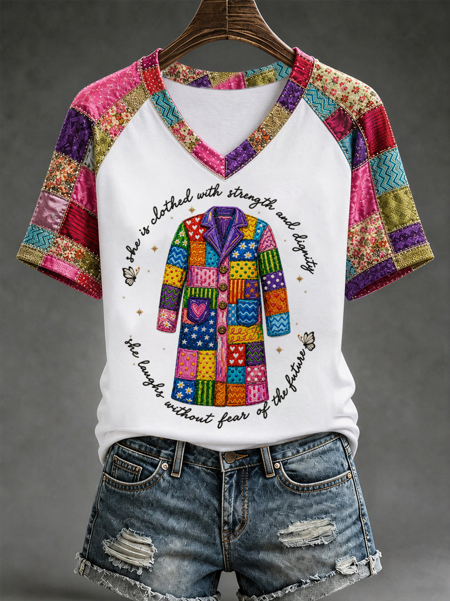 Women's She Is Clothed With Strength And Dignity Patchwork Print Country Music Legend Tribute V-Neck Tee