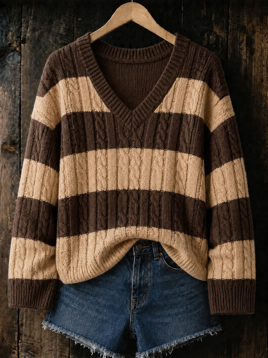 Women's Autumn/Winter Cable Knit V-Neck Tops
