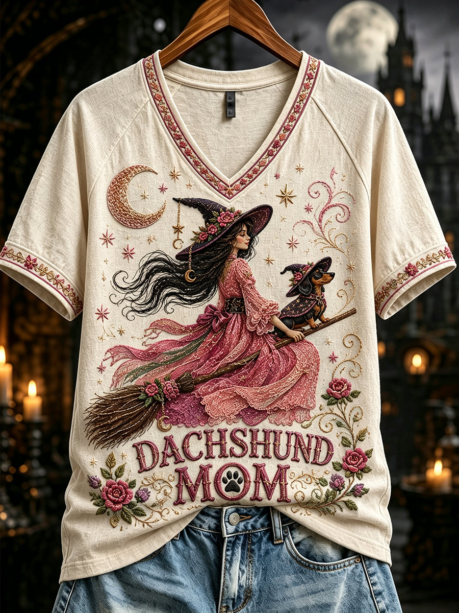Women's Dachshund Witch Mom Halloween Print V-neck Short-sleeved T-shirt
