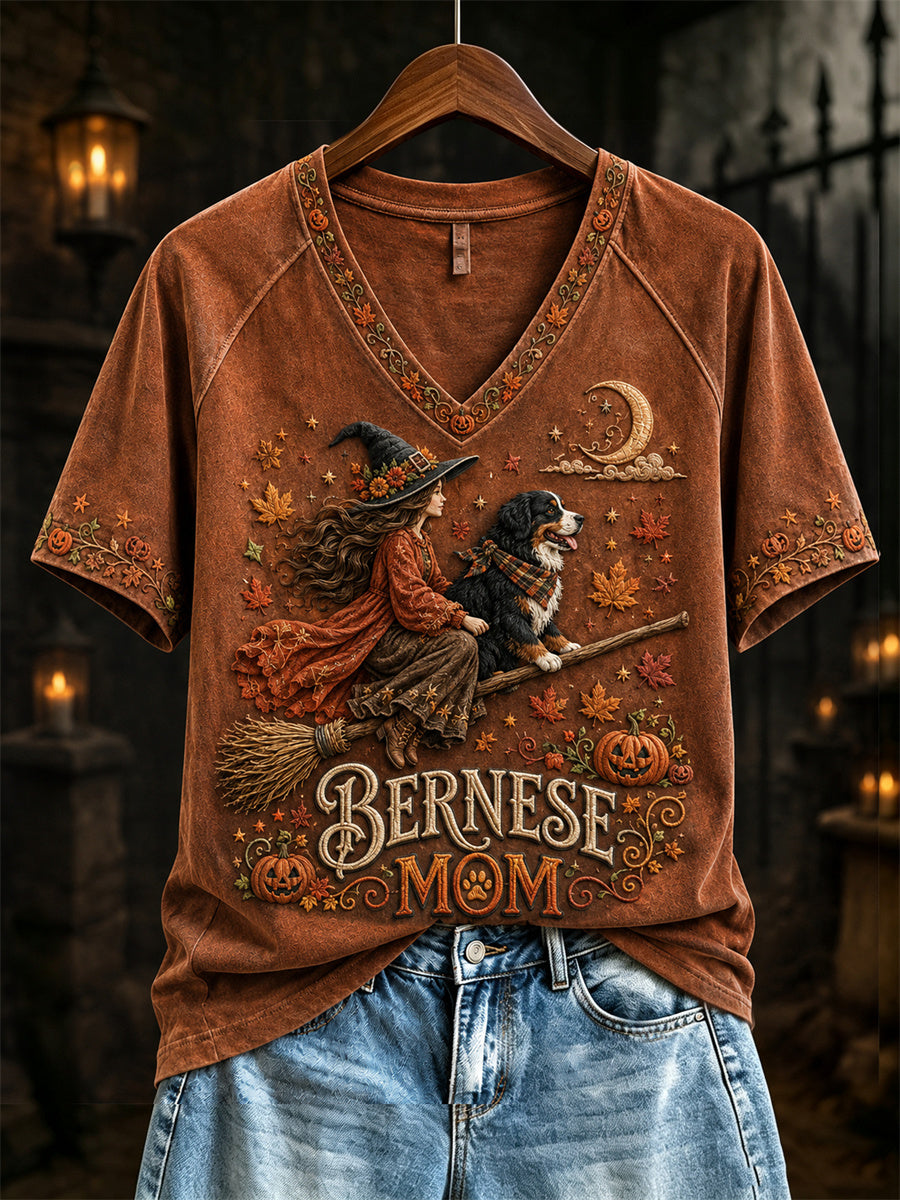Women's Halloween Fall Bernese Mom Witch & Dog Print short-sleeved T-shirt