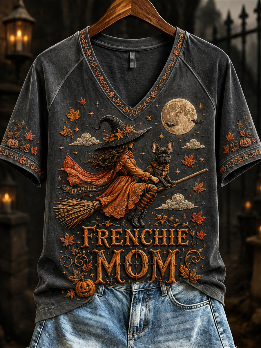 Women's Halloween Fall Frenchie Mom Witch & Dog Print short-sleeved T-shirt