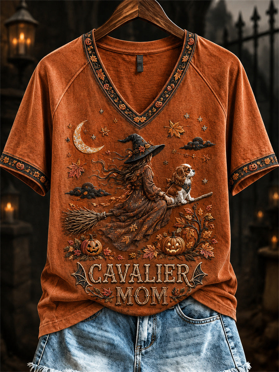 Women's Halloween Fall Cavalier Mom Witch & Dog Print short-sleeved T-shirt
