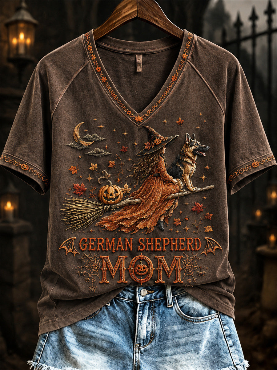 Women's Halloween Fall German Shepherd Mom Witch & Dog Print short-sleeved T-shirt