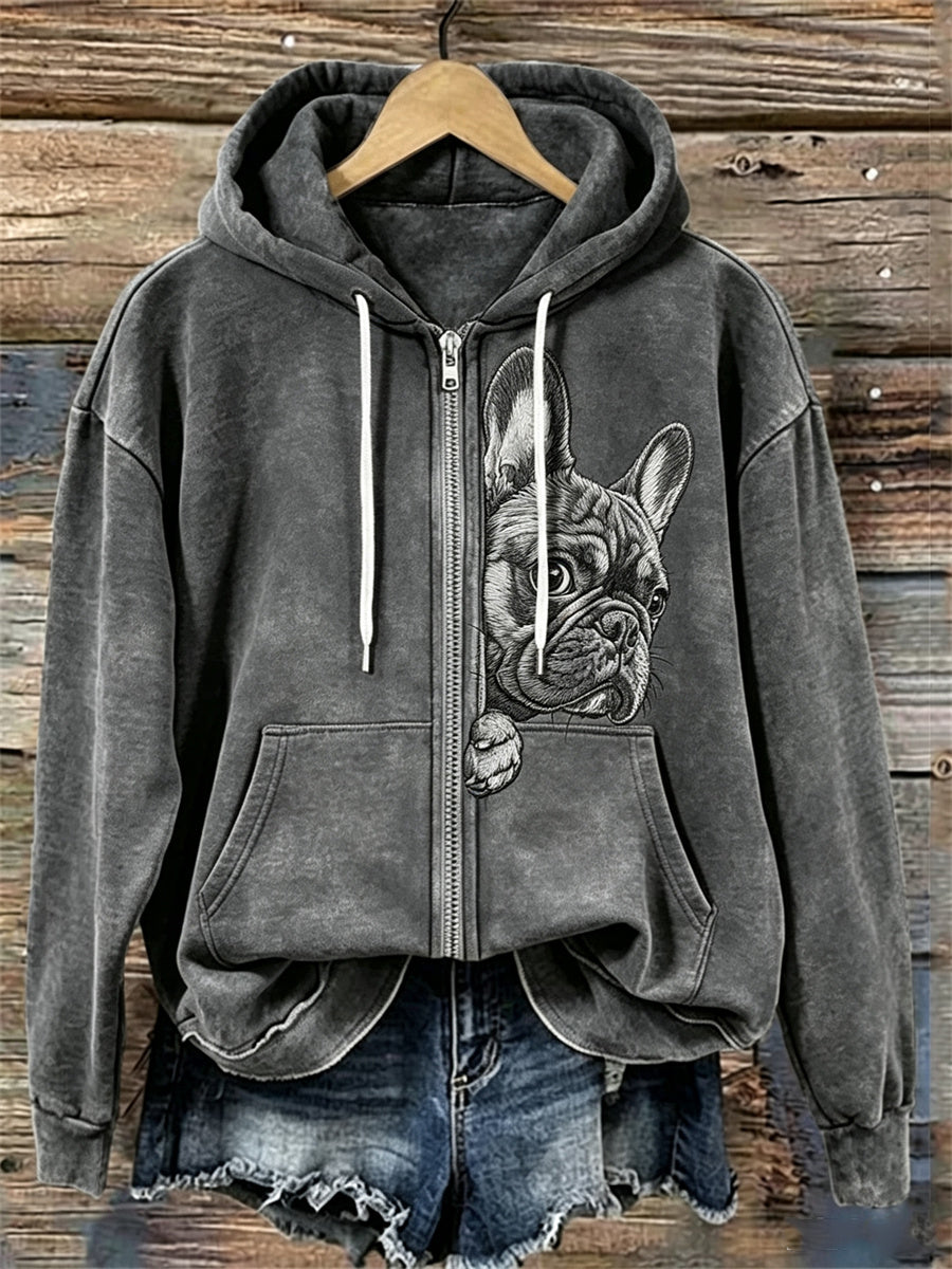 Women's Lovely Peeking French Bulldog Print Cozy Full Zip Hoodie