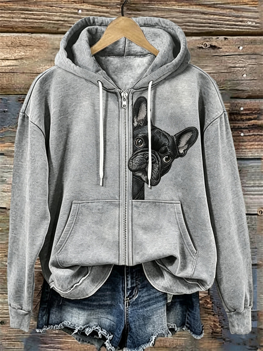 Women's Lovely Peeking French Bulldog Print Cozy Full Zip Hoodie