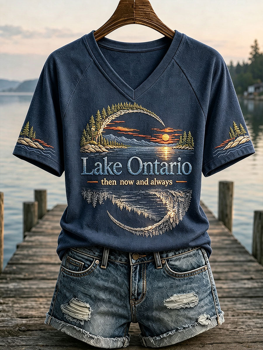 Women's "lake ontario then now and always" V-neck T-shirts