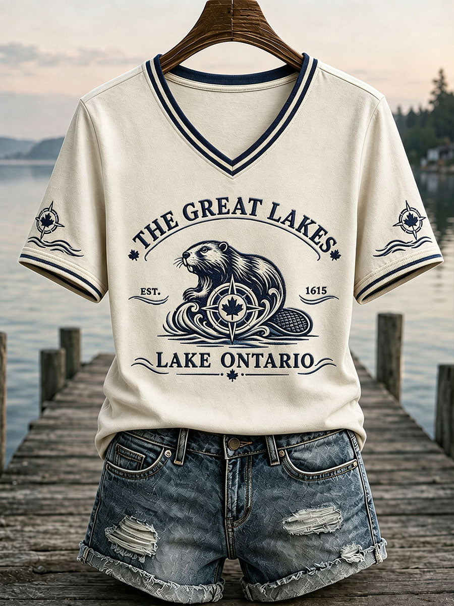 Women's "The Great Lakes Lake Ontario" V-neck T-shirts