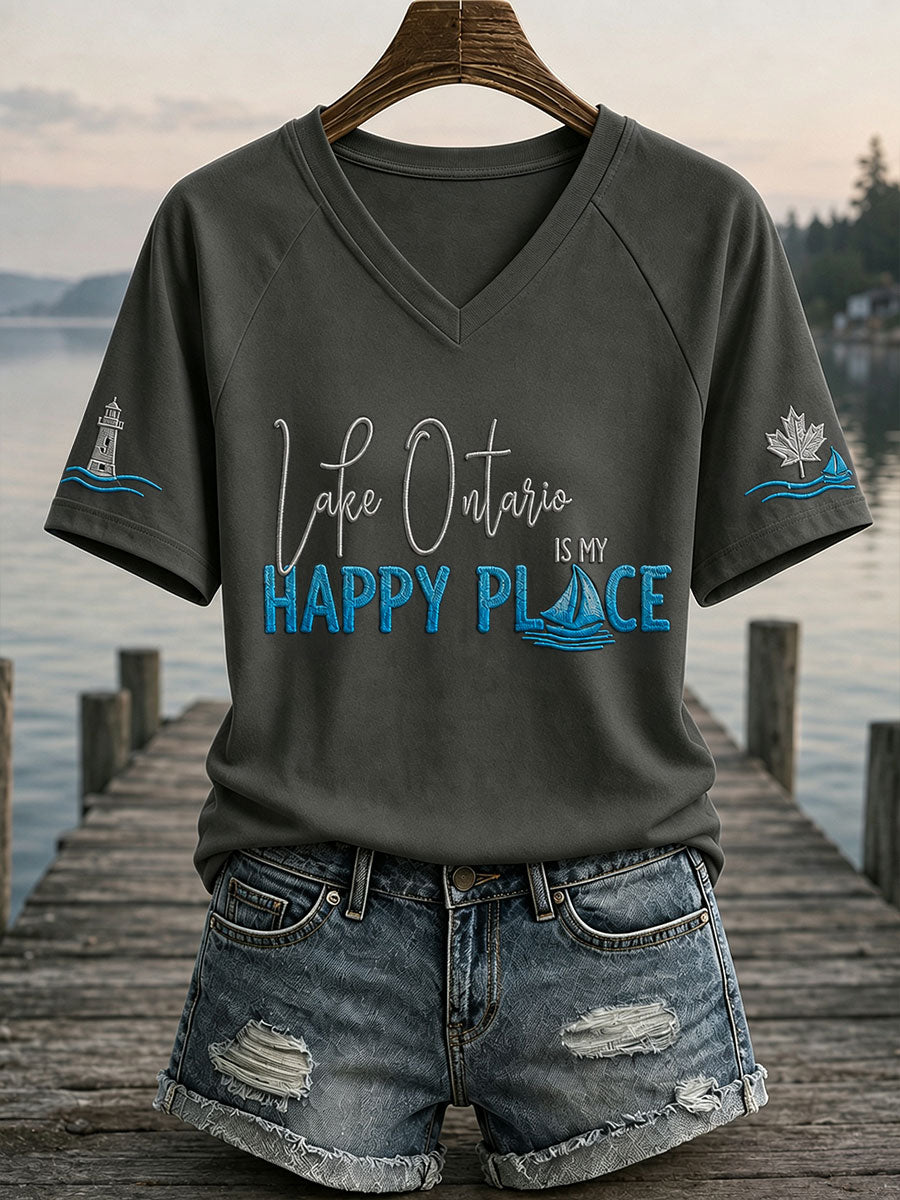 Women's "lake Ontario is my happy place" V-neck T-shirts