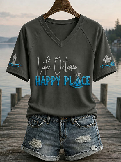 Women's "lake Ontario is my happy place" V-neck T-shirts
