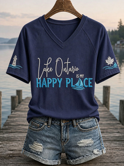 Women's "lake Ontario is my happy place" V-neck T-shirts