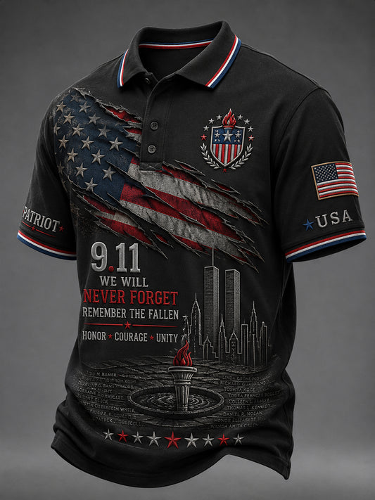 Men's Patriotic Commemorative Print Short-Sleeve Polo Shirt
