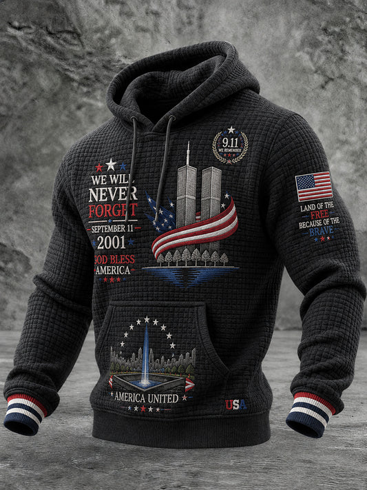 Men's Patriotic Commemorative Print Waffle-Knit Long-Sleeve Hoodie