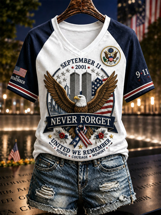 Women's Patriotic 9/11 Memorial Print Raglan Short-Sleeve T-Shirt