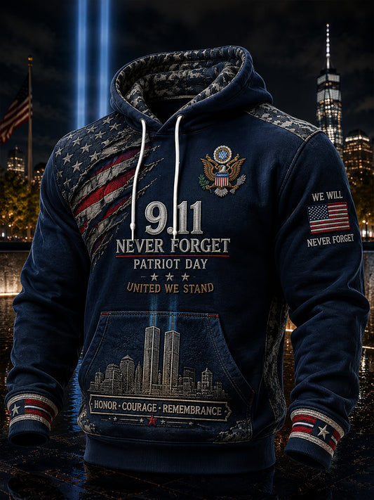 Men's Long-Sleeve Hooded Sweatshirt With Patriotic 9/11 Commemorative Print