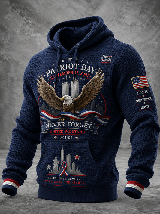 Men's Patriotic Commemorative Print Waffle-Knit Long-Sleeve Hoodie
