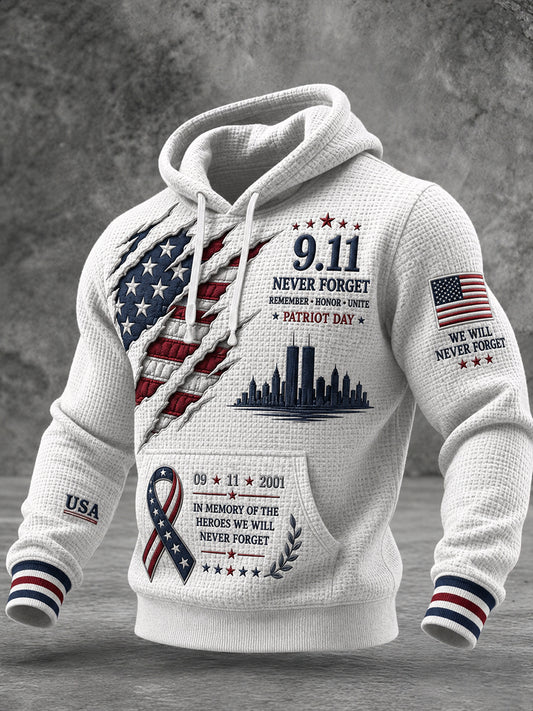 Men's Patriotic Commemorative Print Waffle-Knit Long-Sleeve Hoodie