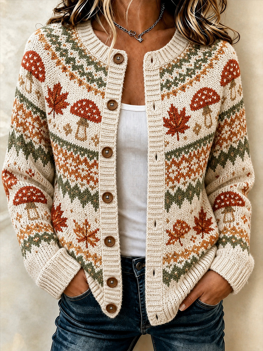 Women's Autumn Mushroom And Maple Leaf Pattern Casual Cardigan-Style Knit Jacket
