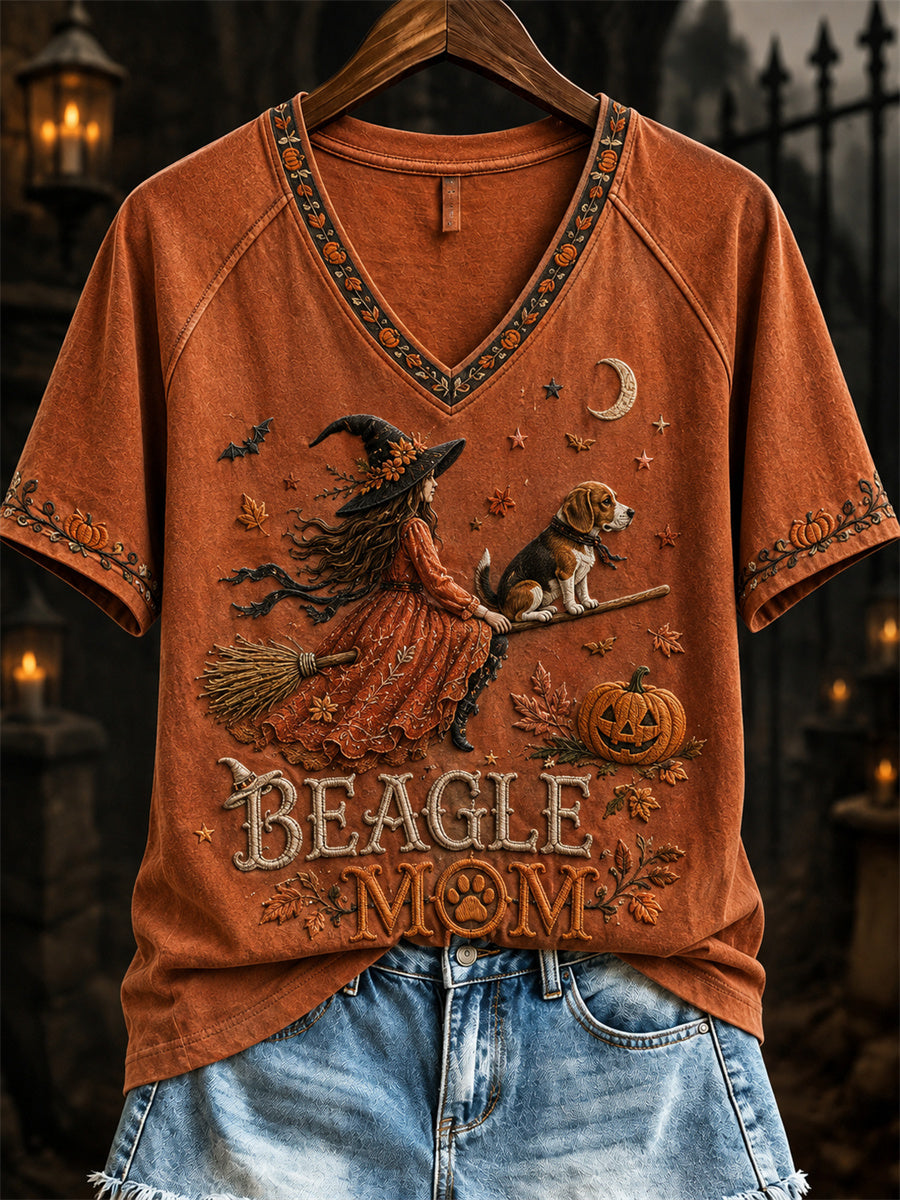 Women's Halloween Fall Beagle Mom Witch & Dog Print short-sleeved T-shirt