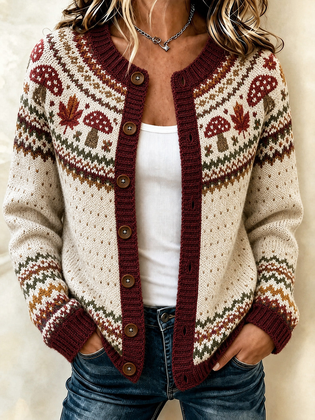Women's Autumn Mushroom And Maple Leaf Pattern Casual Cardigan-Style Knit Jacket