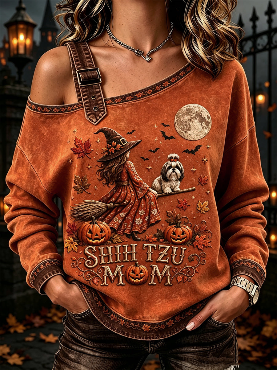 Women's Halloween Fall Shih Tzu Mom Witch & Dog Print Casual Off-Shoulder Sweatshirt