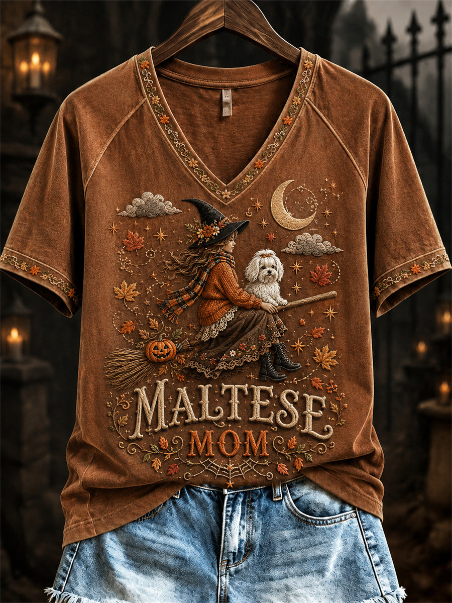 Women's Halloween Fall Maltese Mom Witch & Dog Print short-sleeved T-shirt