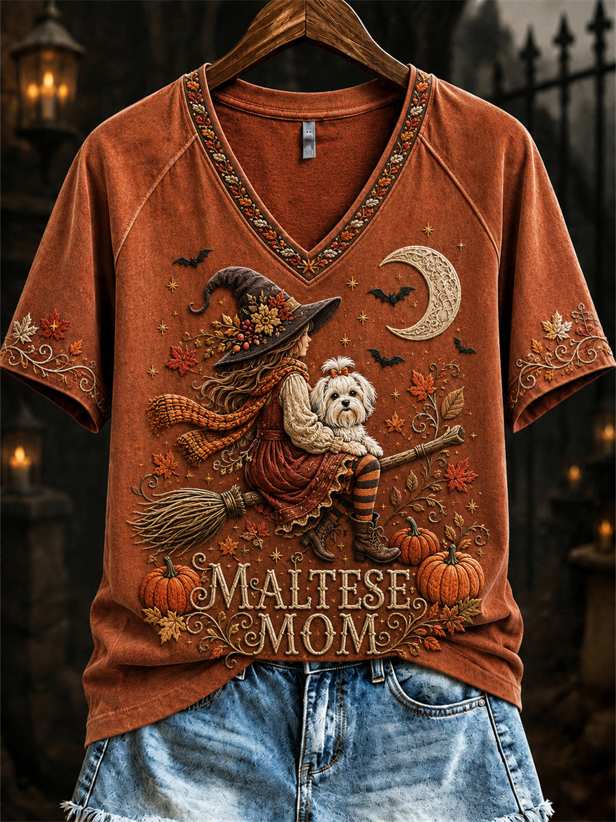 Women's Halloween Fall Maltese Mom Witch & Dog Print short-sleeved T-shirt
