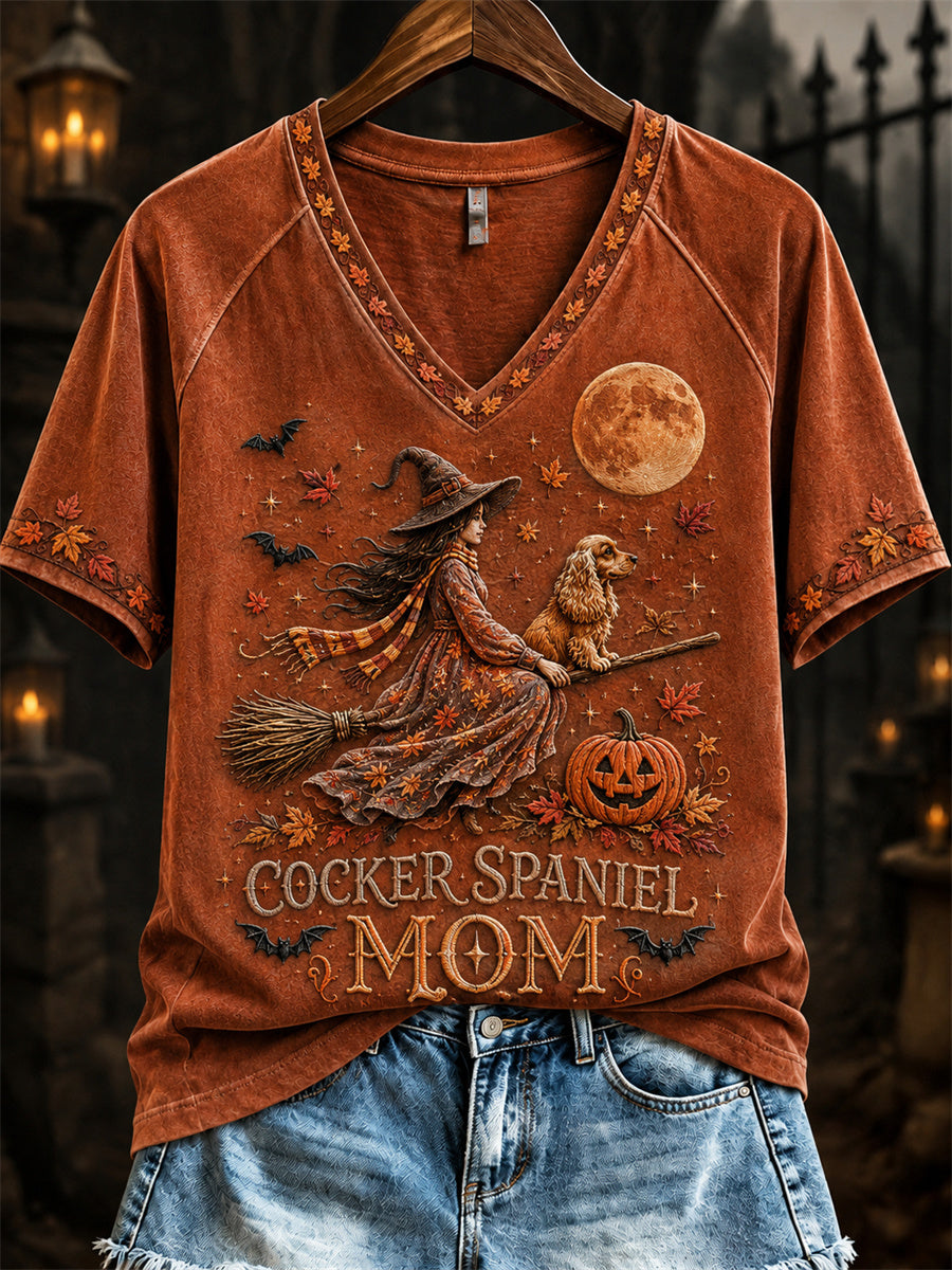 Women's Halloween Fall Cocker Spaniel Mom Witch & Dog Print short-sleeved T-shirt