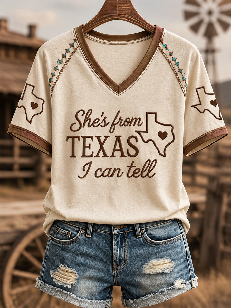 Women's She's From Texas I Can Tell Print Casual V-Neck Tee