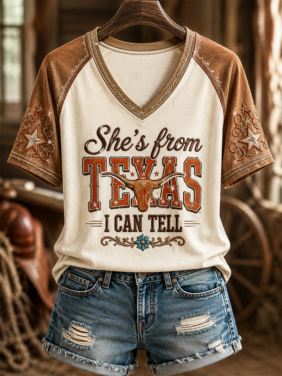 Women's She's From Texas I Can Tell Print Casual V-Neck Tee