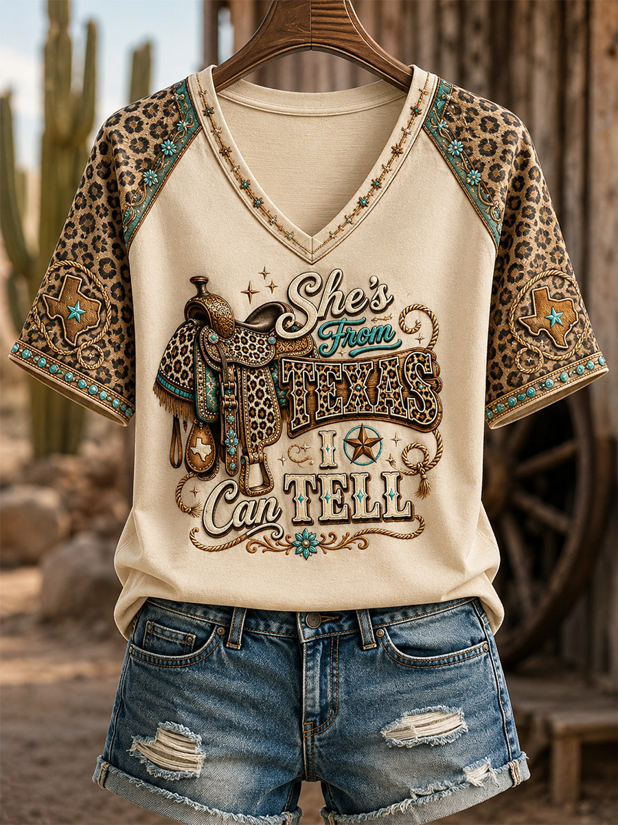 Women's She's From Texas I Can Tell Print Casual V-Neck Tee