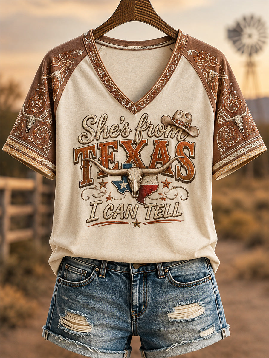 Women's She's From Texas I Can Tell Print Casual V-Neck Tee
