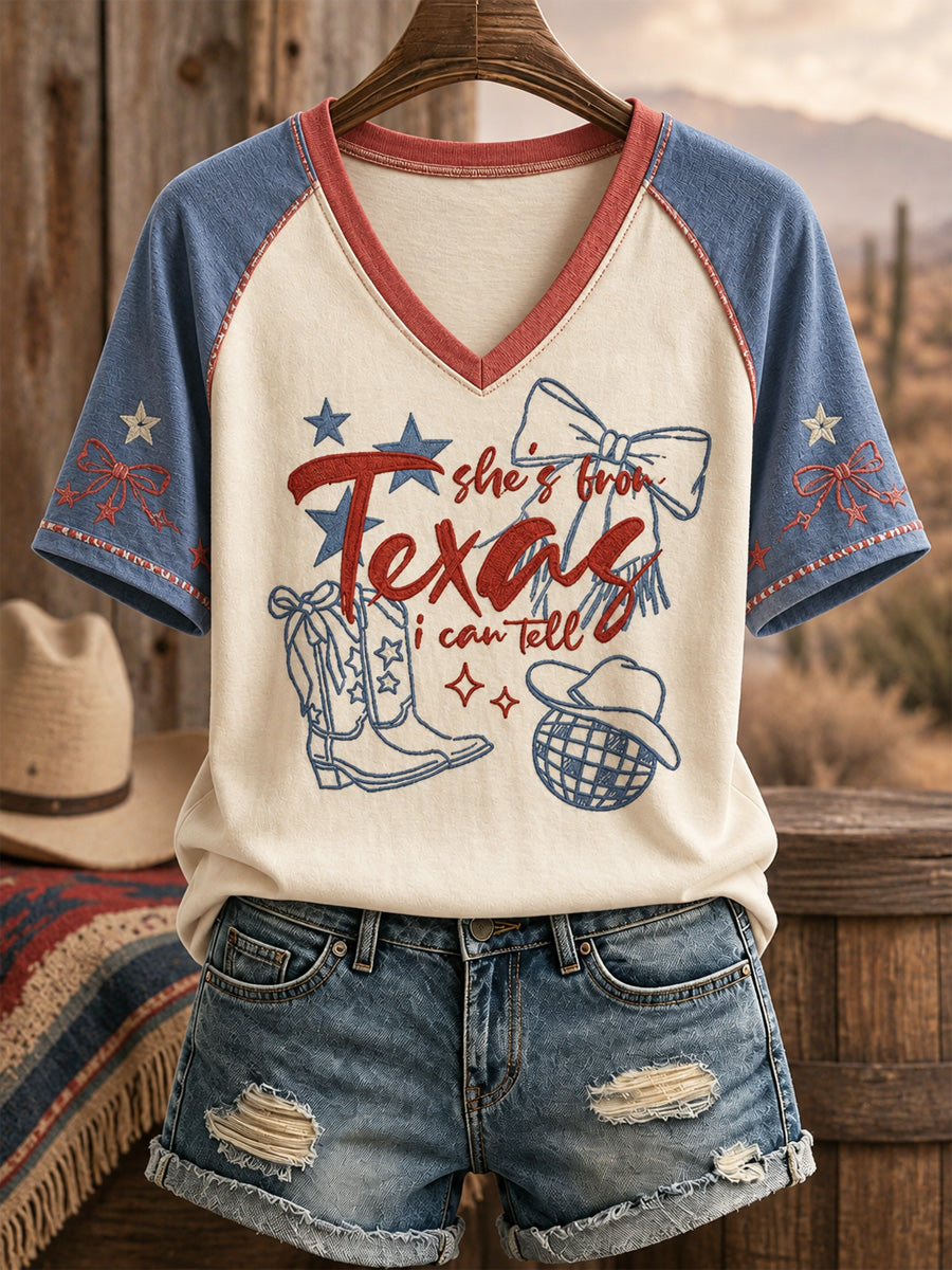 Women's She's From Texas I Can Tell Print Casual V-Neck Tee