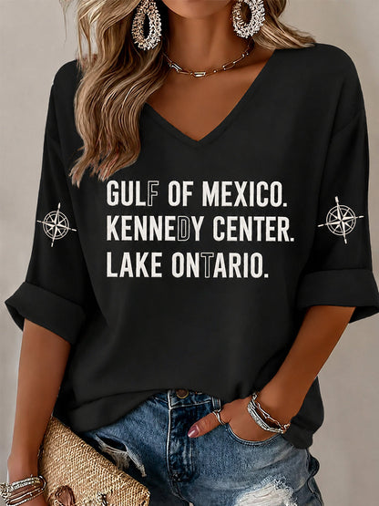 Women's Gulf Of Mexico Kennedy Center Lake Ontario Print Half-Sleeve V-Neck T-Shirt