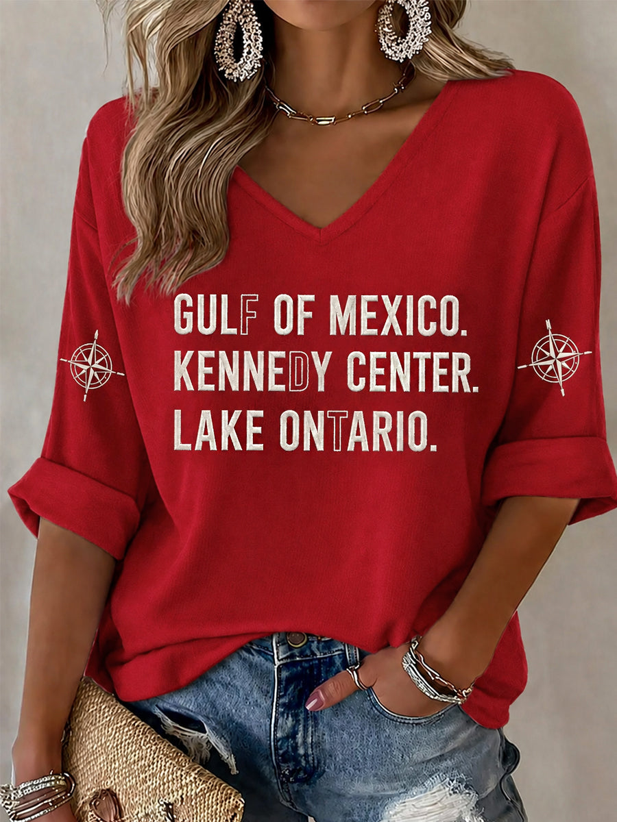 Women's Gulf Of Mexico Kennedy Center Lake Ontario Print Half-Sleeve V-Neck T-Shirt