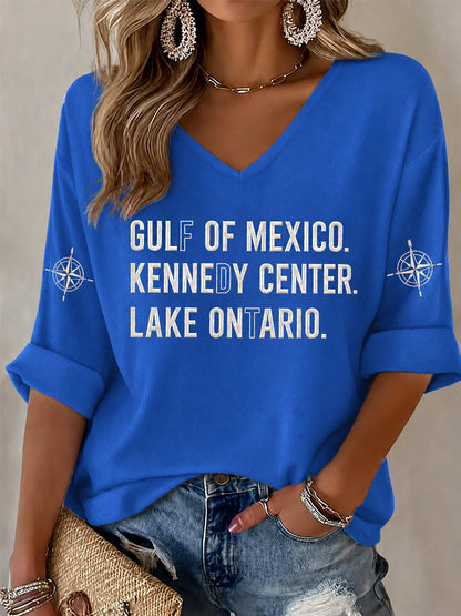 Women's Gulf Of Mexico Kennedy Center Lake Ontario Print Half-Sleeve V-Neck T-Shirt