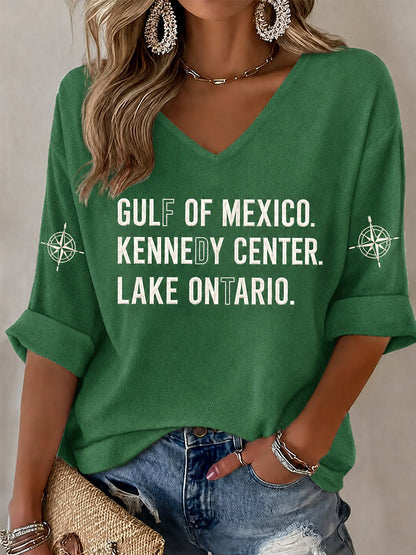 Women's Gulf Of Mexico Kennedy Center Lake Ontario Print Half-Sleeve V-Neck T-Shirt