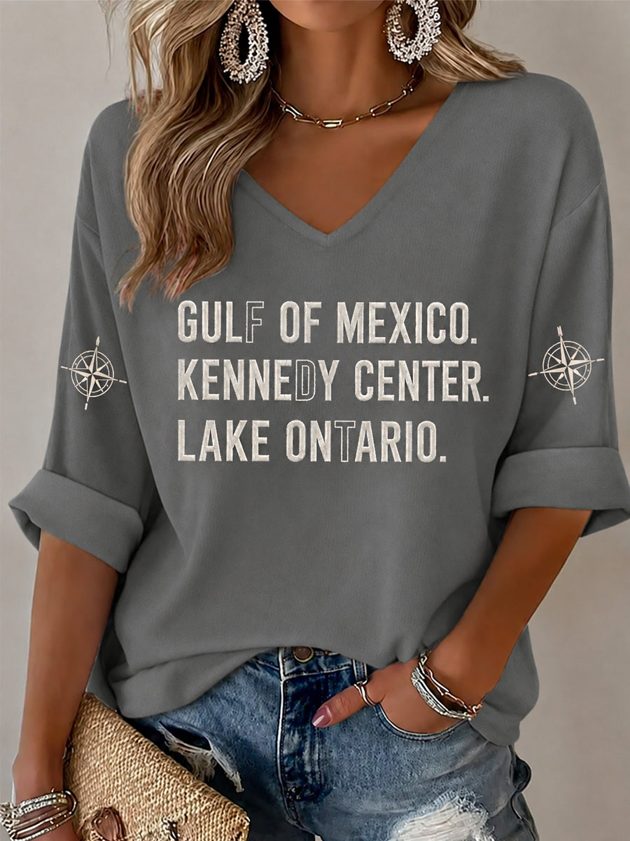 Women's Gulf Of Mexico Kennedy Center Lake Ontario Print Half-Sleeve V-Neck T-Shirt