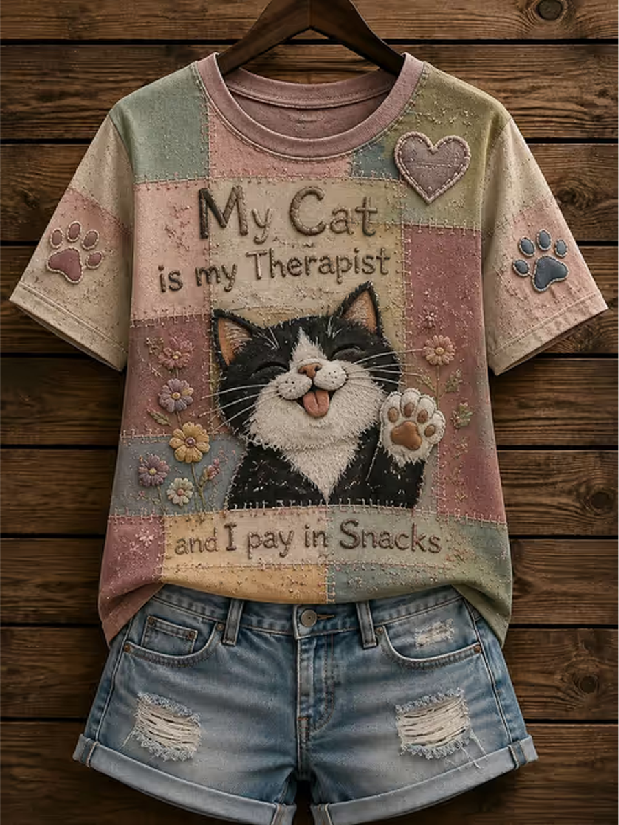 Women's Cute cat printed short-sleeved T-shirt