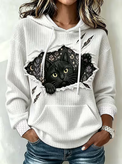 Women's Cute cat printed large-sized hooded sweatshirt