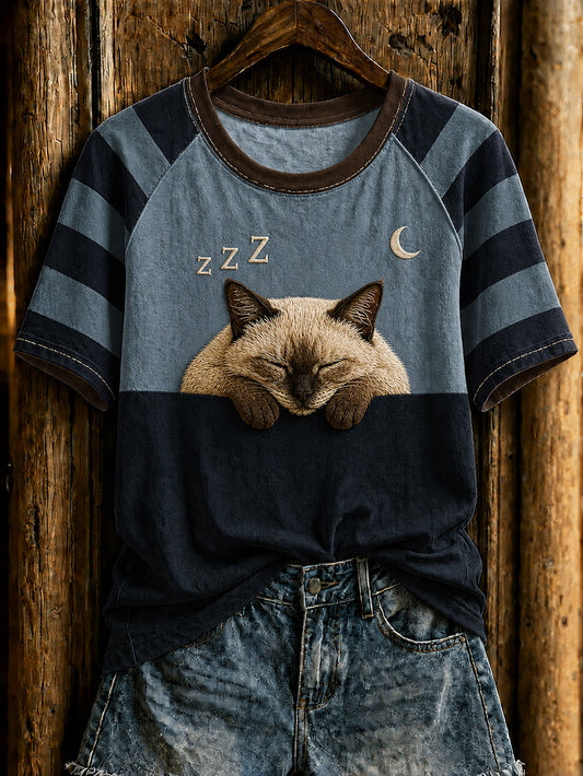 Women's cute cat pattern printed round neck short sleeve T-shirt