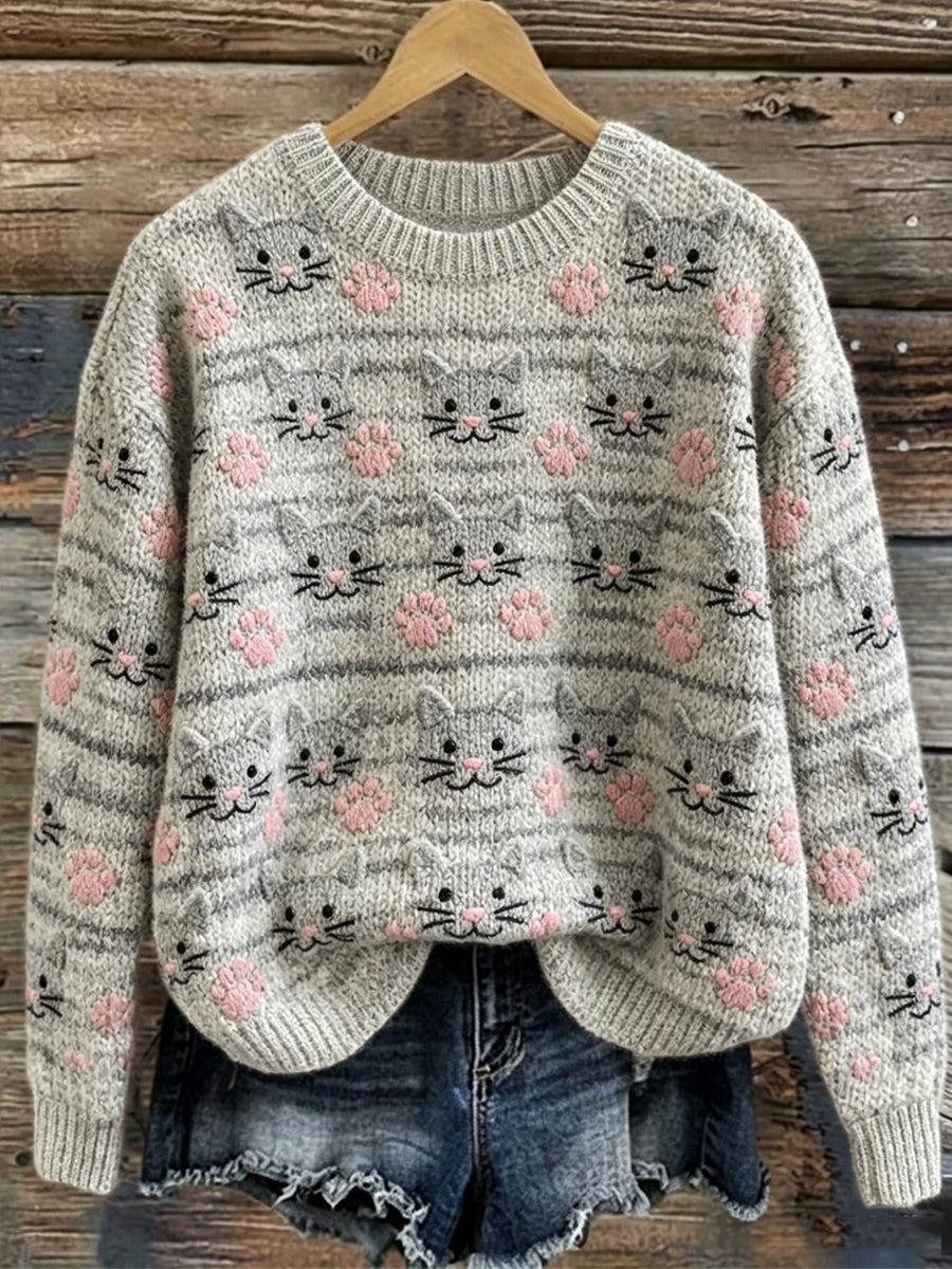 Women's Vintage Lovely Tabby Cat Faces & Paw Prints Pattern crew neck sweater