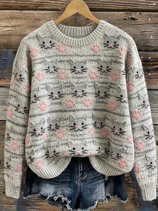 Women's Vintage Lovely Tabby Cat Faces & Paw Prints Pattern crew neck sweater