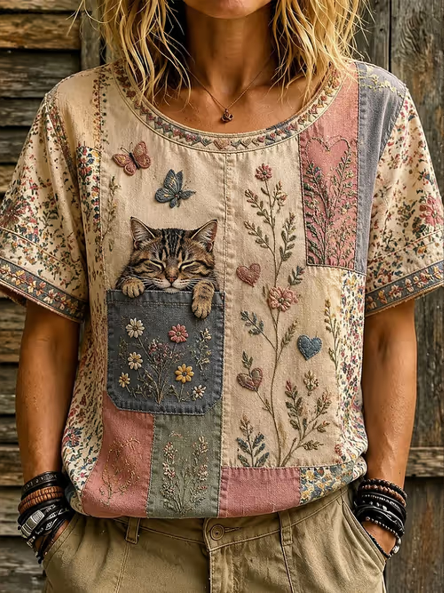 Women's Cute cat printed linen short-sleeved T-shirt