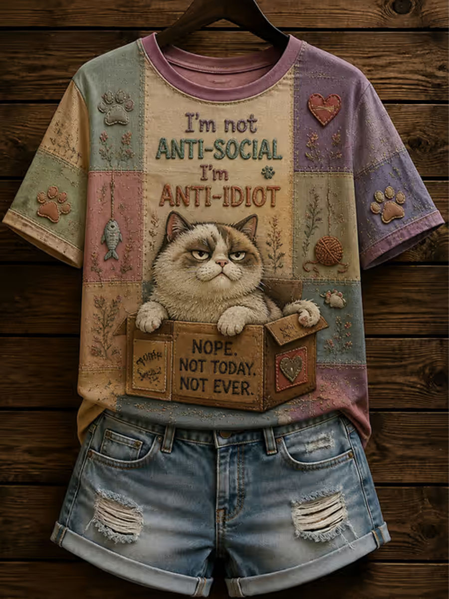 Women's Cute cat printed short-sleeved T-shirt