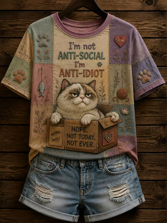 Women's Cute cat printed short-sleeved T-shirt